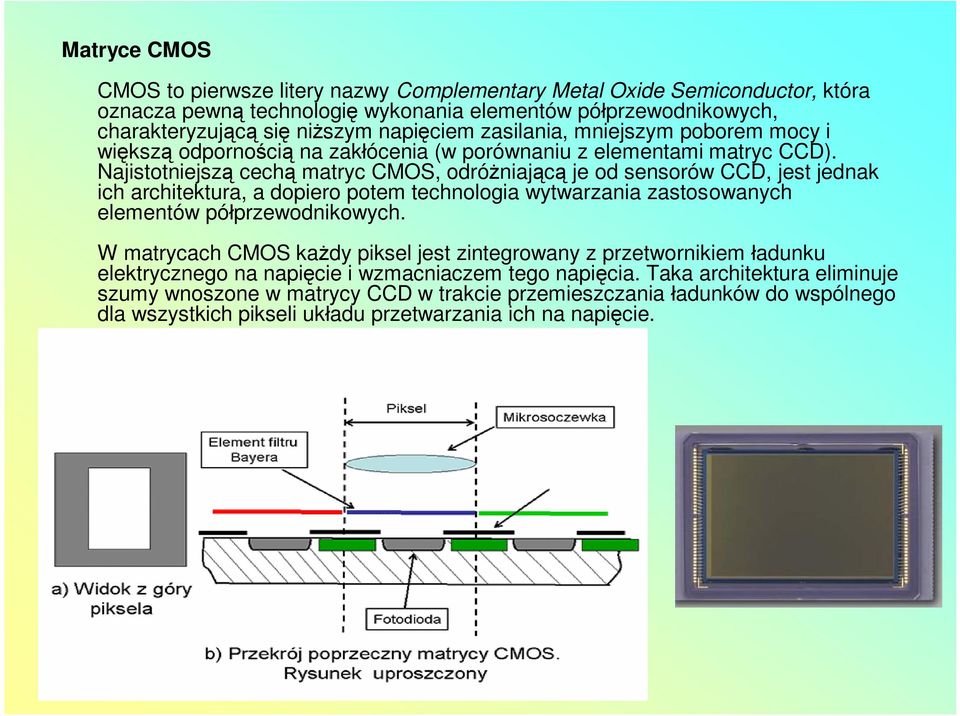 Najistotniejszą cechą matryc CMOS, odróżniającą je od sensorów CCD, jest jednak ich architektura, a dopiero potem technologia wytwarzania zastosowanych elementów półprzewodnikowych.