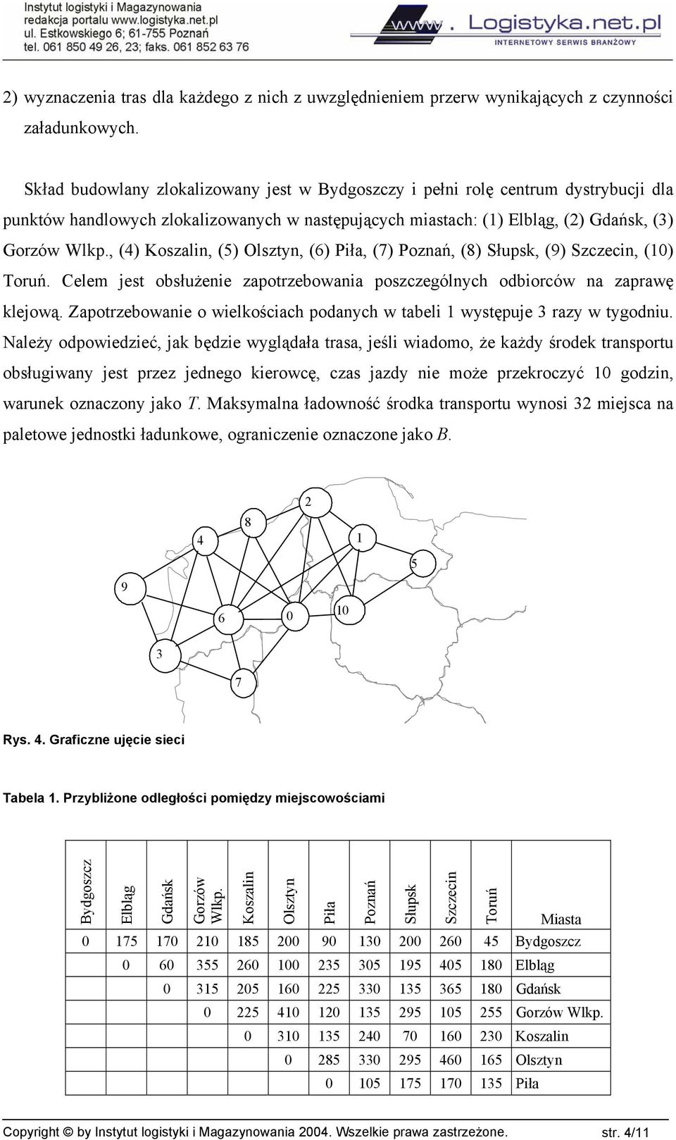 , (4) Koszalin, (5) Olsztyn, (6) Piła, (7) Poznań, (8) Słupsk, (9) Szczecin, (0) Toruń. Celem jest obsłużenie zapotrzebowania poszczególnych odbiorców na zaprawę klejową.