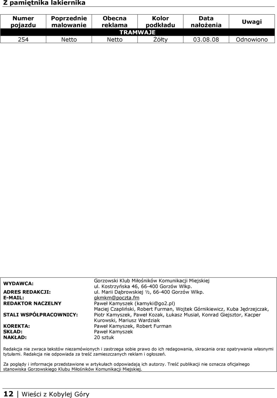 ul. Marii Dąbrowskiej ½, 66-400 Gorzów Wlkp. gkmkm@poczta.fm Paweł Kamyszek (kamyki@go2.