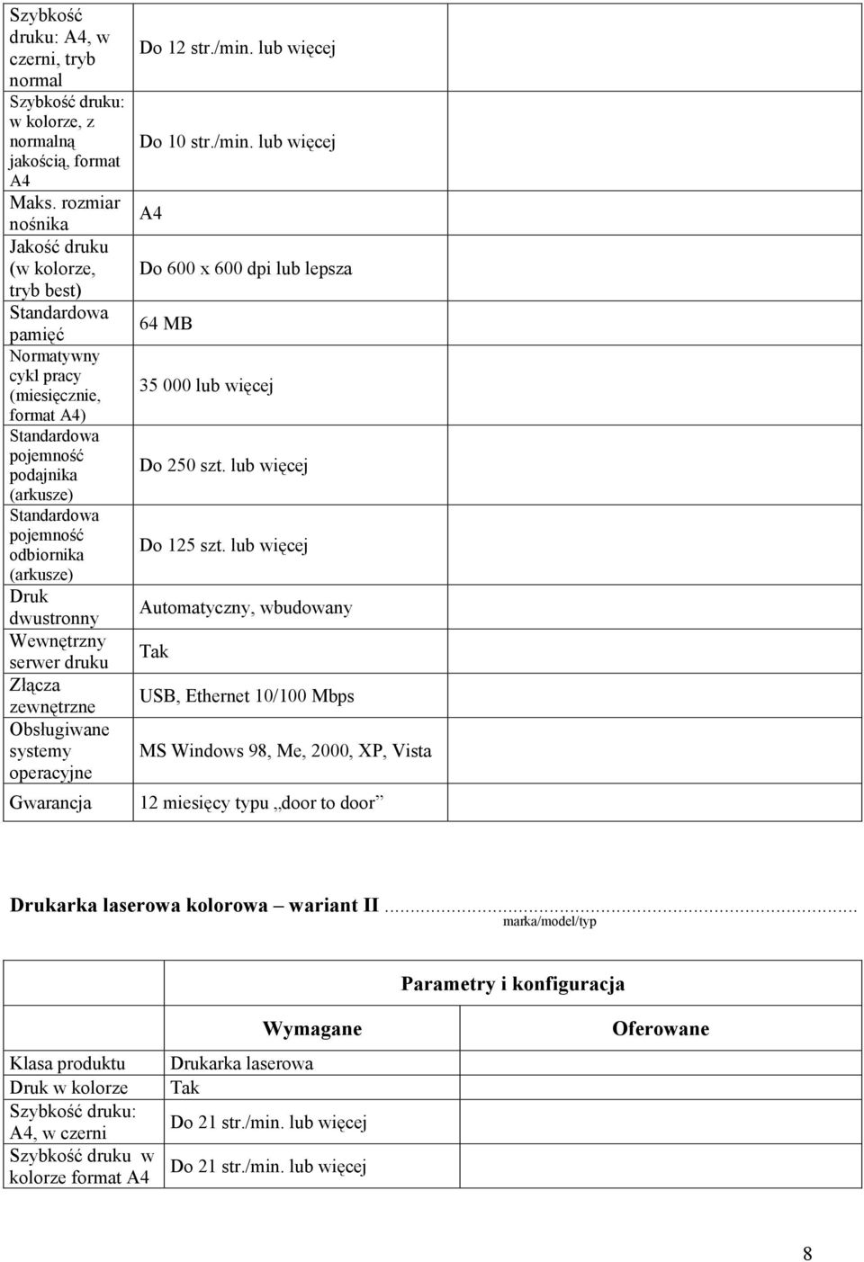 zewnętrzne Obsługiwane systemy operacyjne Do 12 str./min. lub więcej Do 10 str./min. lub więcej A4 Do 600 x 600 dpi lub lepsza 64 MB 35000 lub więcej Do 250 szt. lub więcej Do 125 szt.