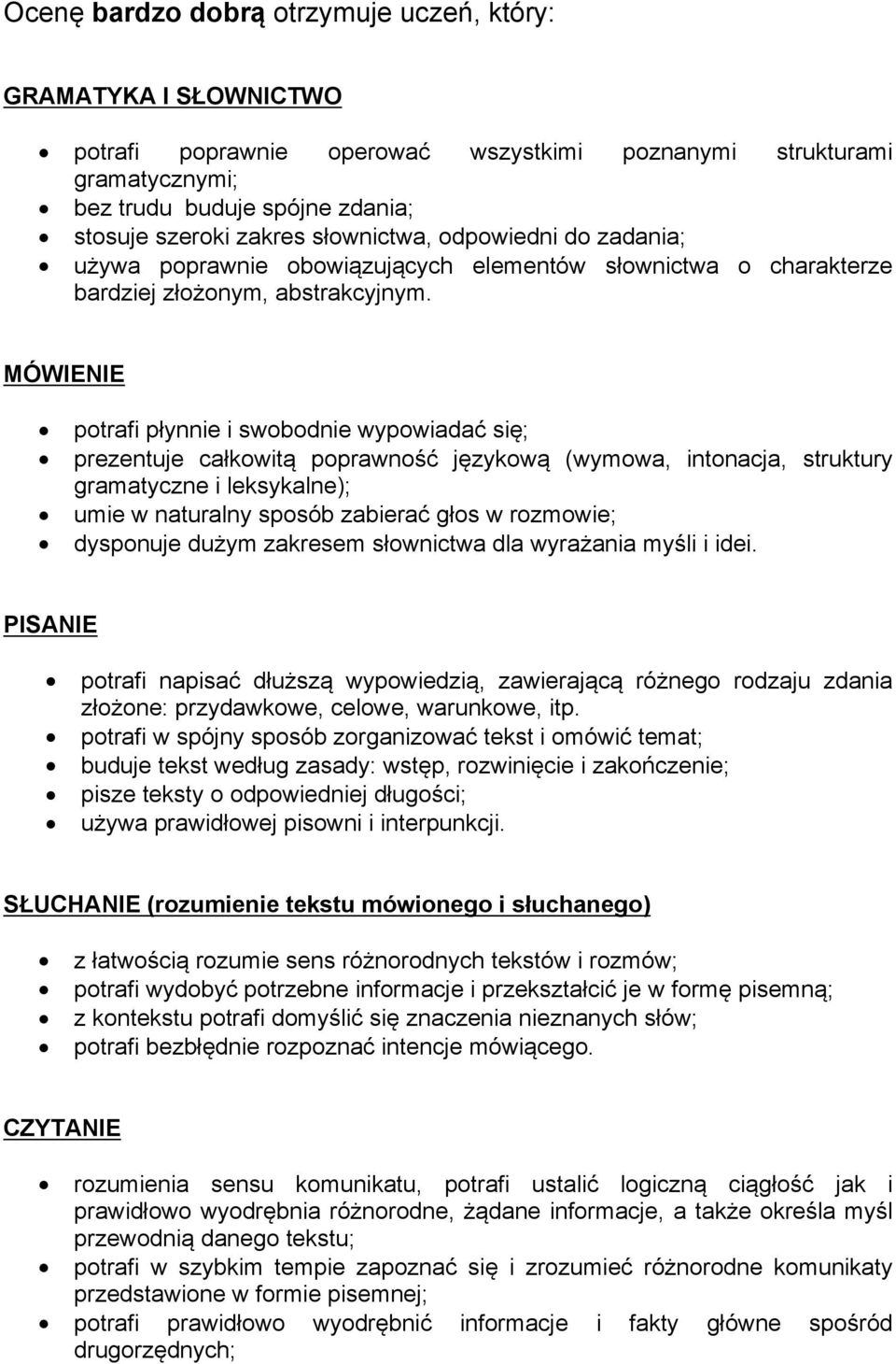 potrafi płynnie i swobodnie wypowiadać się; prezentuje całkowitą poprawność językową (wymowa, intonacja, struktury gramatyczne i leksykalne); umie w naturalny sposób zabierać głos w rozmowie;