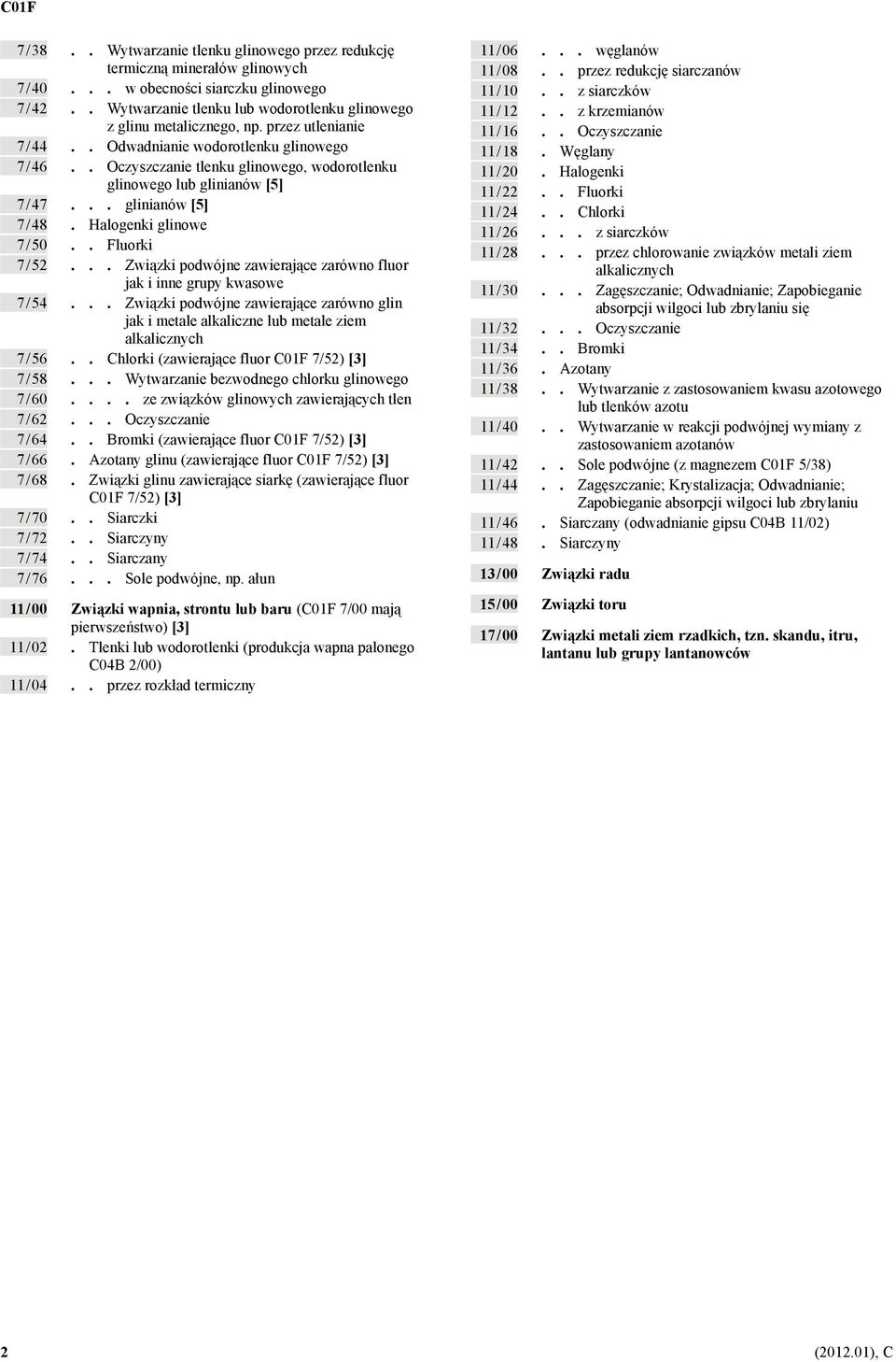 . Oczyszczanie tlenku glinowego, wodorotlenku glinowego lub glinianów [5] 7 / 47... glinianów [5] 7 / 48. Halogenki glinowe 7 / 50.. Fluorki 7 / 52.