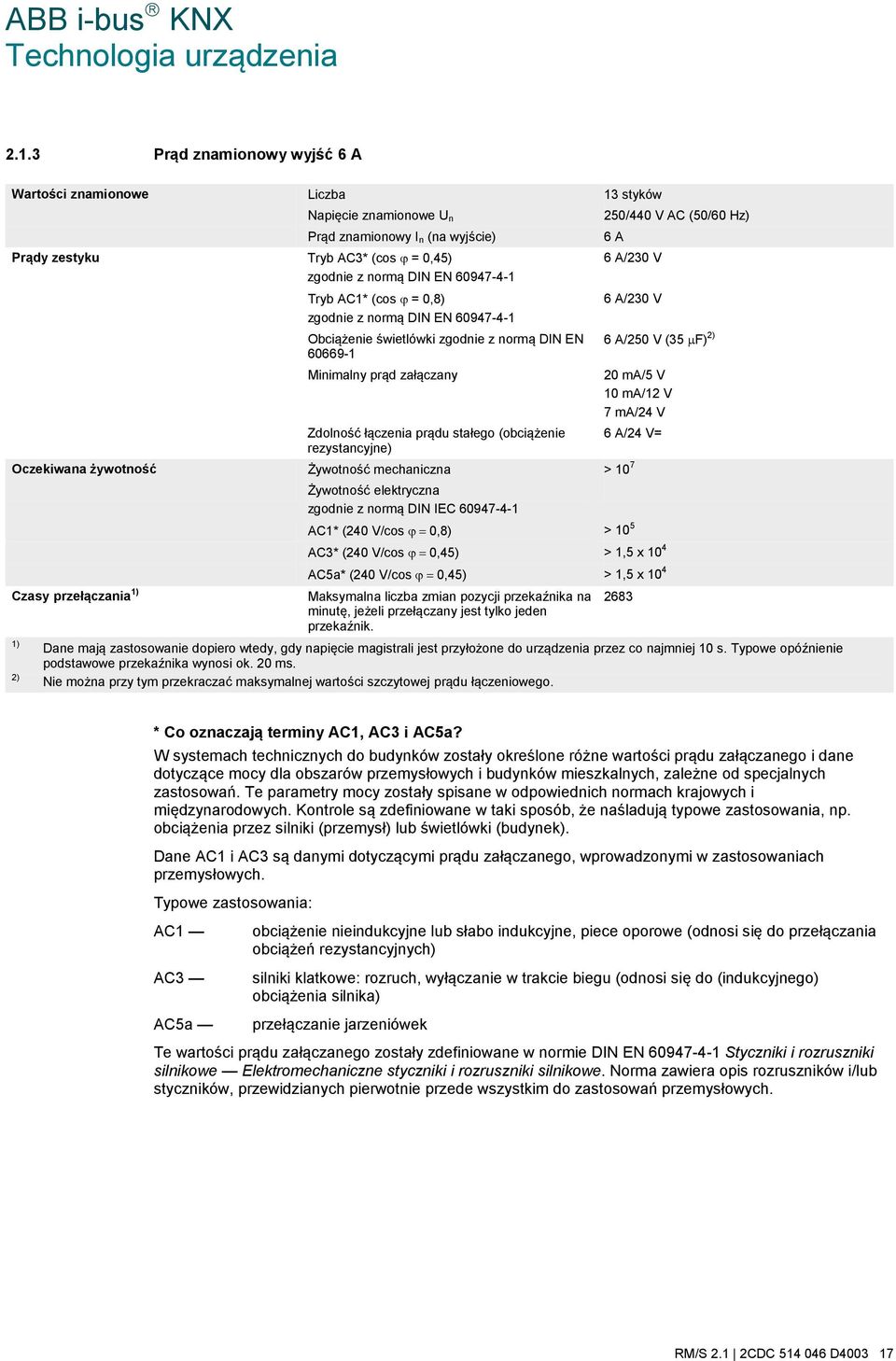 zgodnie z normą DIN EN 60947-4-1 Tryb AC1* (cos ϕ = 0,8) 6 A/230 V zgodnie z normą DIN EN 60947-4-1 Obciążenie świetlówki zgodnie z normą DIN EN 6 A/250 V (35 µf) 2) 60669-1 Minimalny prąd załączany