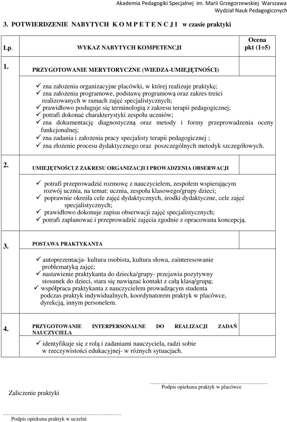 ramach zajęć specjalistycznych; prawidłowo posługuje się terminologią z zakresu terapii pedagogicznej; potrafi dokonać charakterystyki zespołu uczniów; zna dokumentację diagnostyczną oraz metody i