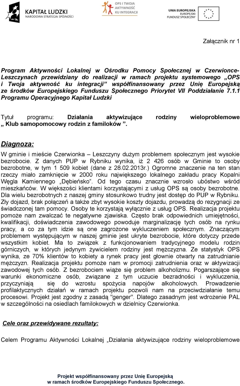 1 Programu Operacyjnego Kapitał Ludzki Tytuł programu: Działania aktywizujące rodziny wieloproblemowe Klub samopomocowy rodzin z familoków.
