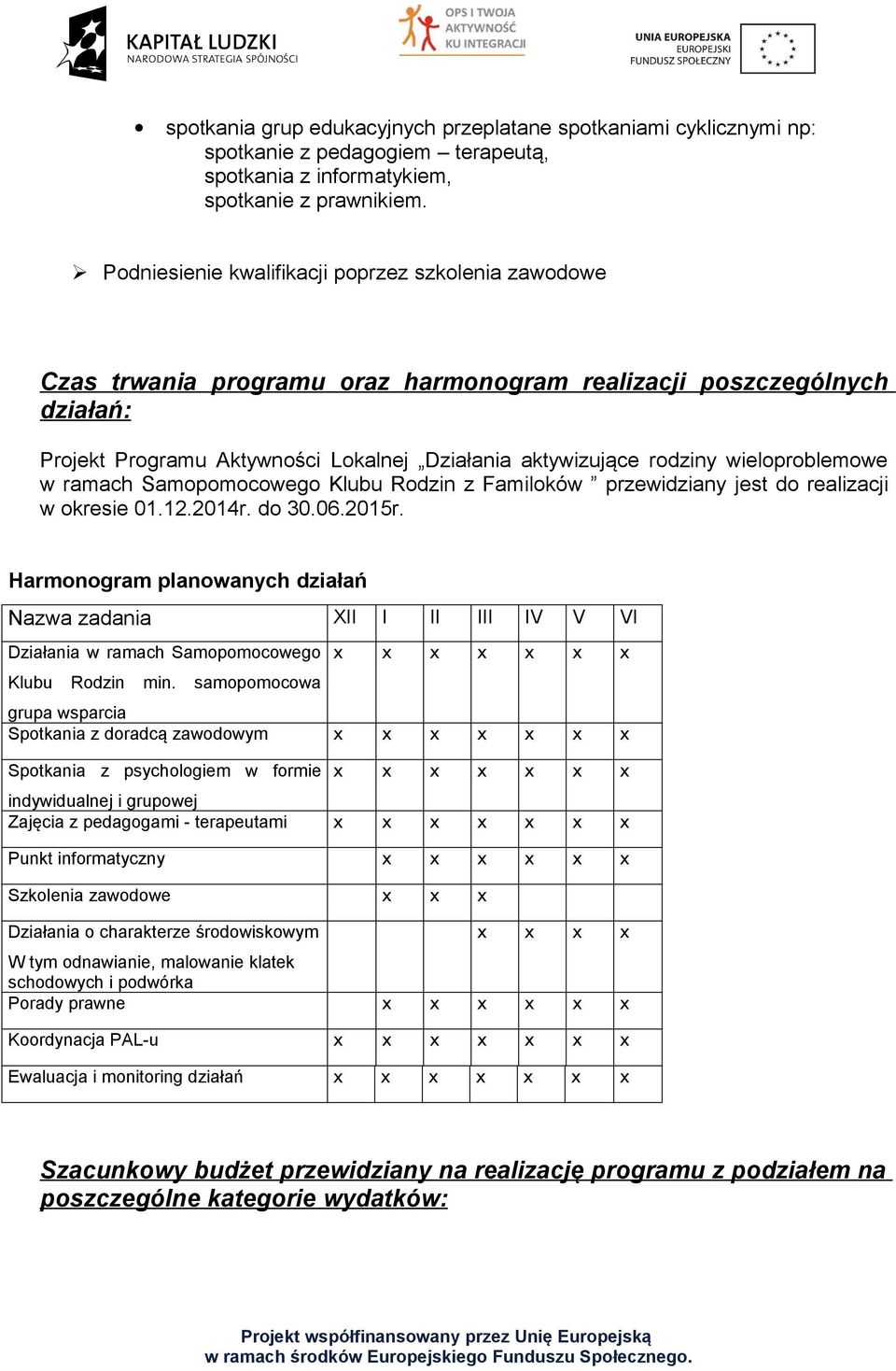 wieloproblemowe w ramach Samopomocowego Klubu Rodzin z Familoków przewidziany jest do realizacji w okresie 01.12.2014r. do 30.06.2015r.