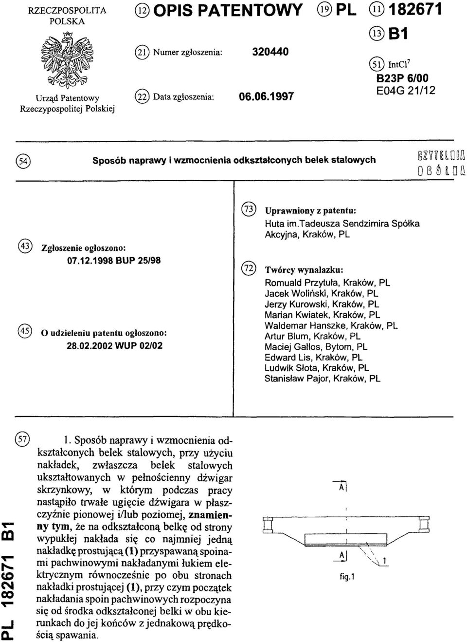 02.2002 WUP 02/02 (73) Uprawniony z patentu: Huta im.