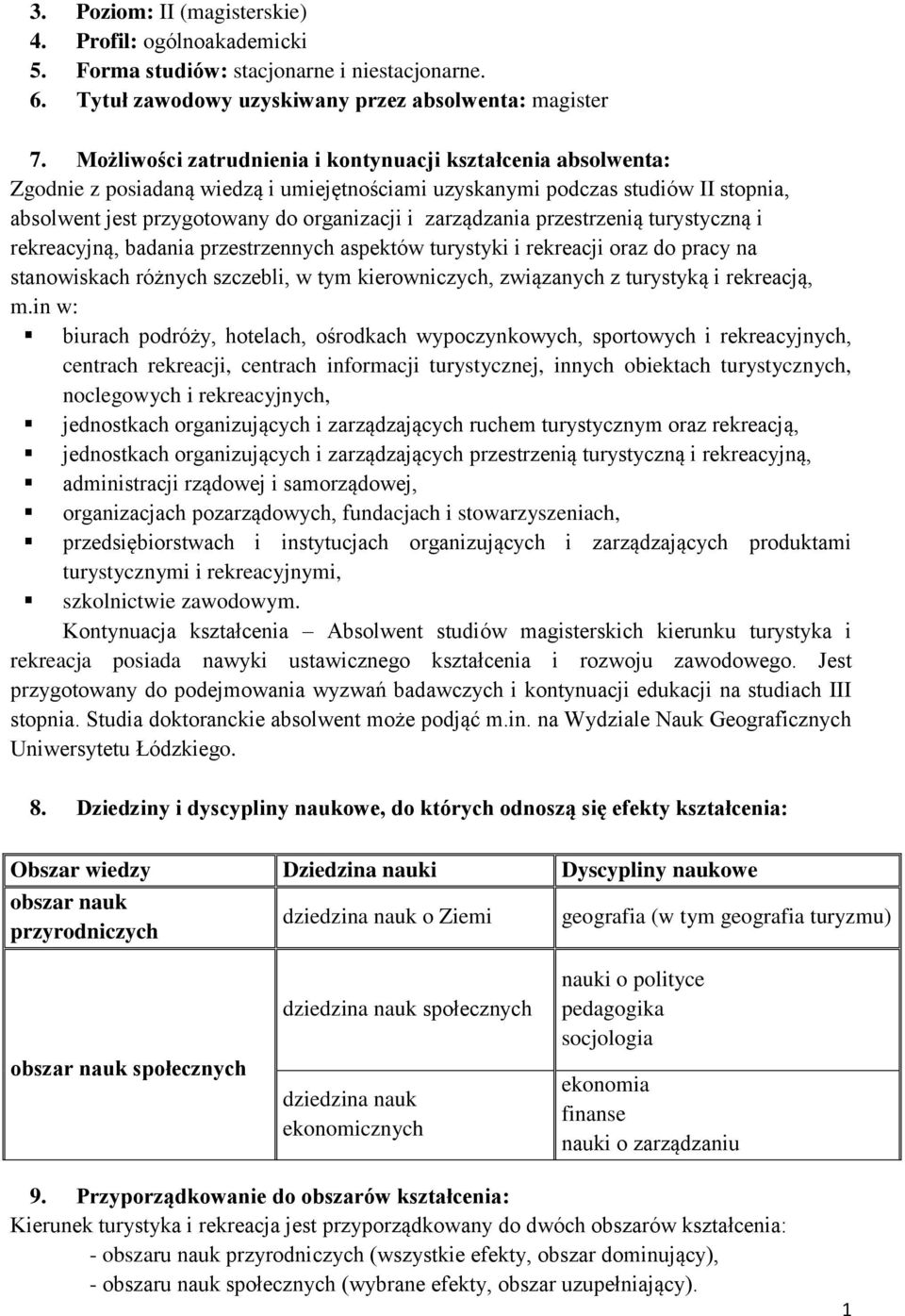 zarządzania przestrzenią turystyczną i rekreacyjną, badania przestrzennych aspektów turystyki i rekreacji oraz do pracy na stanowiskach różnych szczebli, w tym kierowniczych, związanych z turystyką i