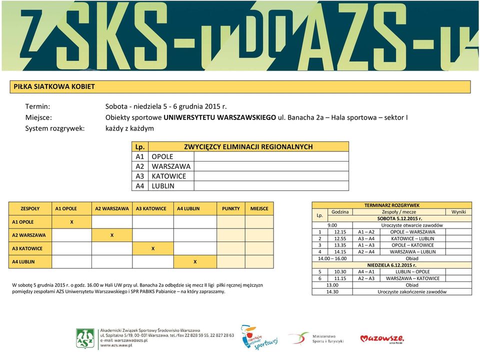 KATOWICE A4 LUBLIN PUNKTY MIEJSCE A1 OPOLE X A2 WARSZAWA X A3 KATOWICE X A4 LUBLIN X 1 12.