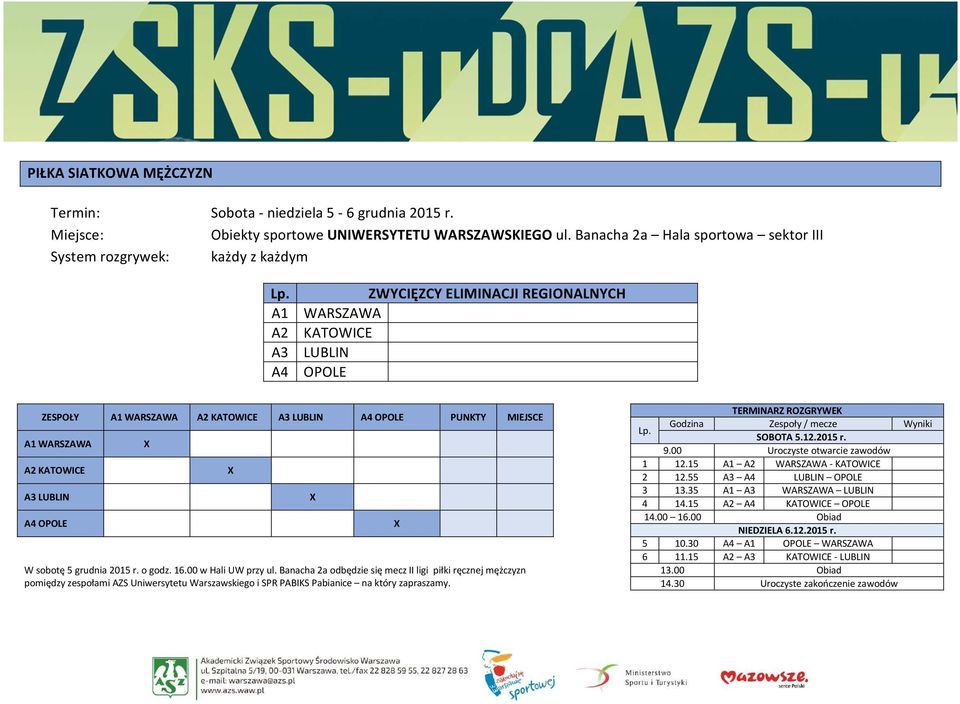 LUBLIN A4 OPOLE PUNKTY MIEJSCE A1 WARSZAWA X A2 KATOWICE X A3 LUBLIN X A4 OPOLE X 1 12.