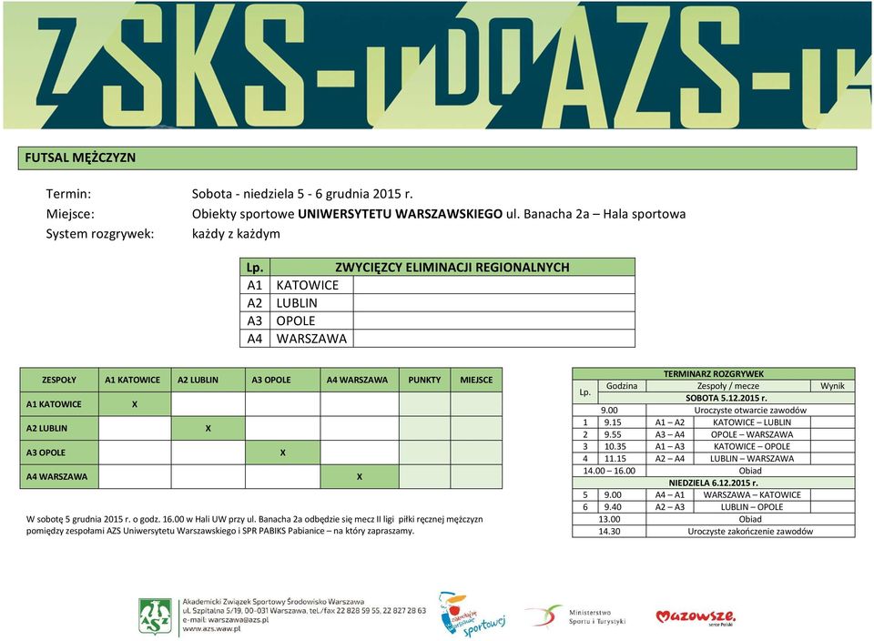 WARSZAWA PUNKTY MIEJSCE A1 KATOWICE X A2 LUBLIN X A3 OPOLE X A4 WARSZAWA X Godzina Zespoły / mecze Wynik 1 9.