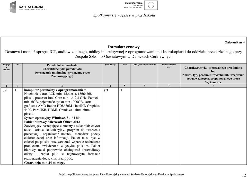 miary Ilość Cena jednostkowa brutto Wartość brutto (5x6) Charakterystyka oferowanego przedmiotu lub Nazwa, typ, producent wyrobu lub urządzenia równoważnego zaproponowanego przez Wykonawcę 1 2 3 4 5