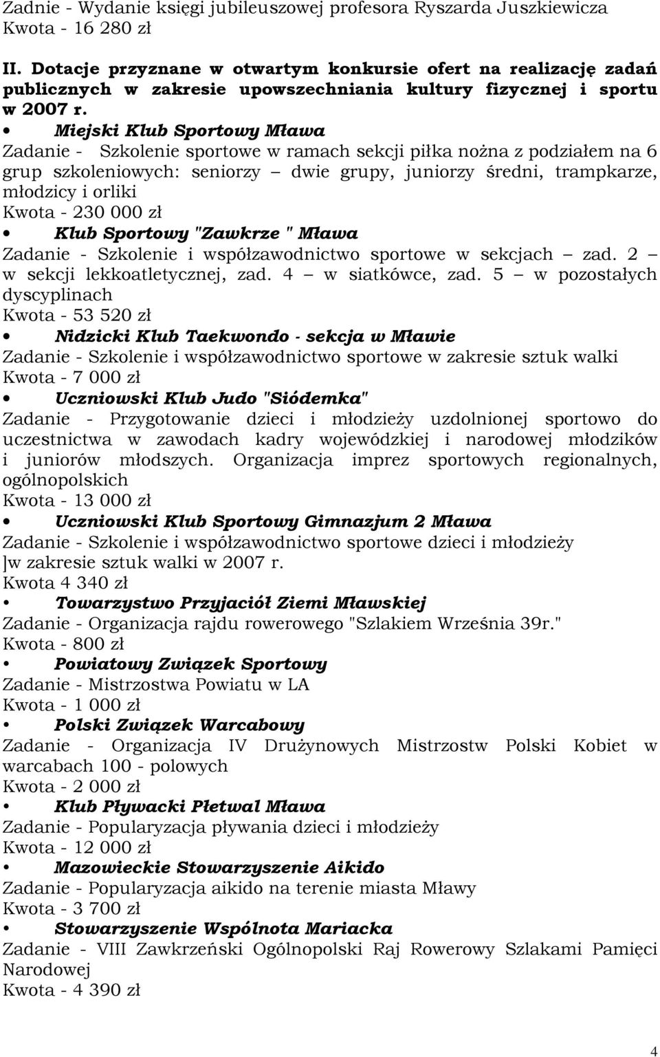 Miejski Klub Sportowy Mława Zadanie - Szkolenie sportowe w ramach sekcji piłka noŝna z podziałem na 6 grup szkoleniowych: seniorzy dwie grupy, juniorzy średni, trampkarze, młodzicy i orliki Kwota -