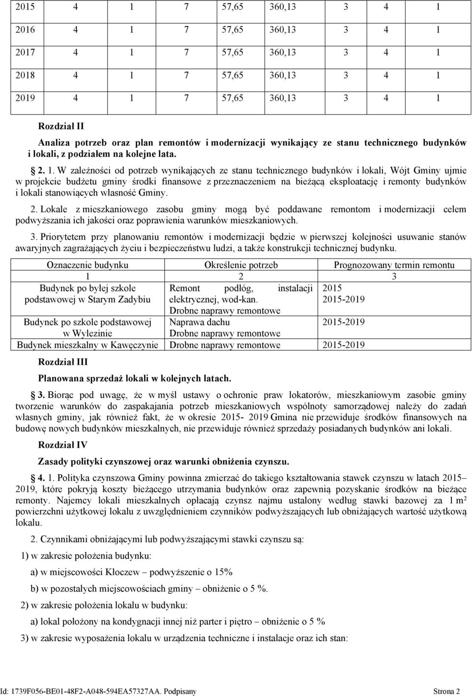 W zależności od potrzeb wynikających ze stanu technicznego budynków i lokali, Wójt Gminy ujmie w projekcie budżetu gminy środki finansowe z przeznaczeniem na bieżącą eksploatację i remonty budynków i