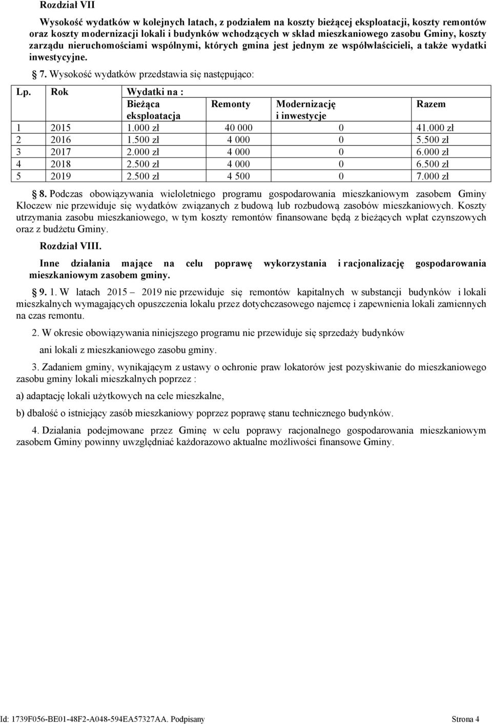 Rok Wydatki na : Bieżąca Remonty Modernizację Razem eksploatacja i inwestycje 1 2015 1.000 zł 40 000 0 41.000 zł 2 2016 1.500 zł 4 000 0 5.500 zł 3 2017 2.000 zł 4 000 0 6.000 zł 4 2018 2.