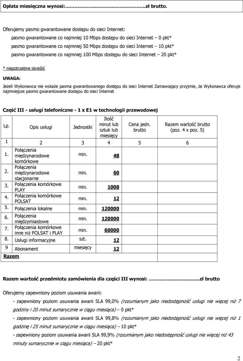 pkt* pasmo gwarantowane co najmniej 100 Mbps dostępu do sieci Internet 20 pkt* Jeżeli Wykonawca nie wskaże pasma gwarantowanego dostępu do sieci Internet Zamawiający przyjmie, że Wykonawca oferuje