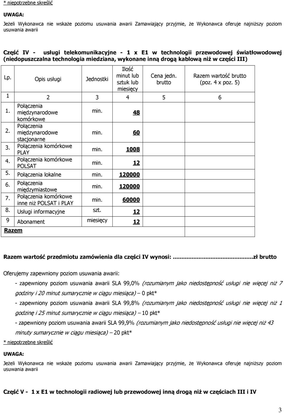 inne niż i min. 60000 9 Abonament 12 wartość przedmiotu zamówienia dla części IV wynosi:.