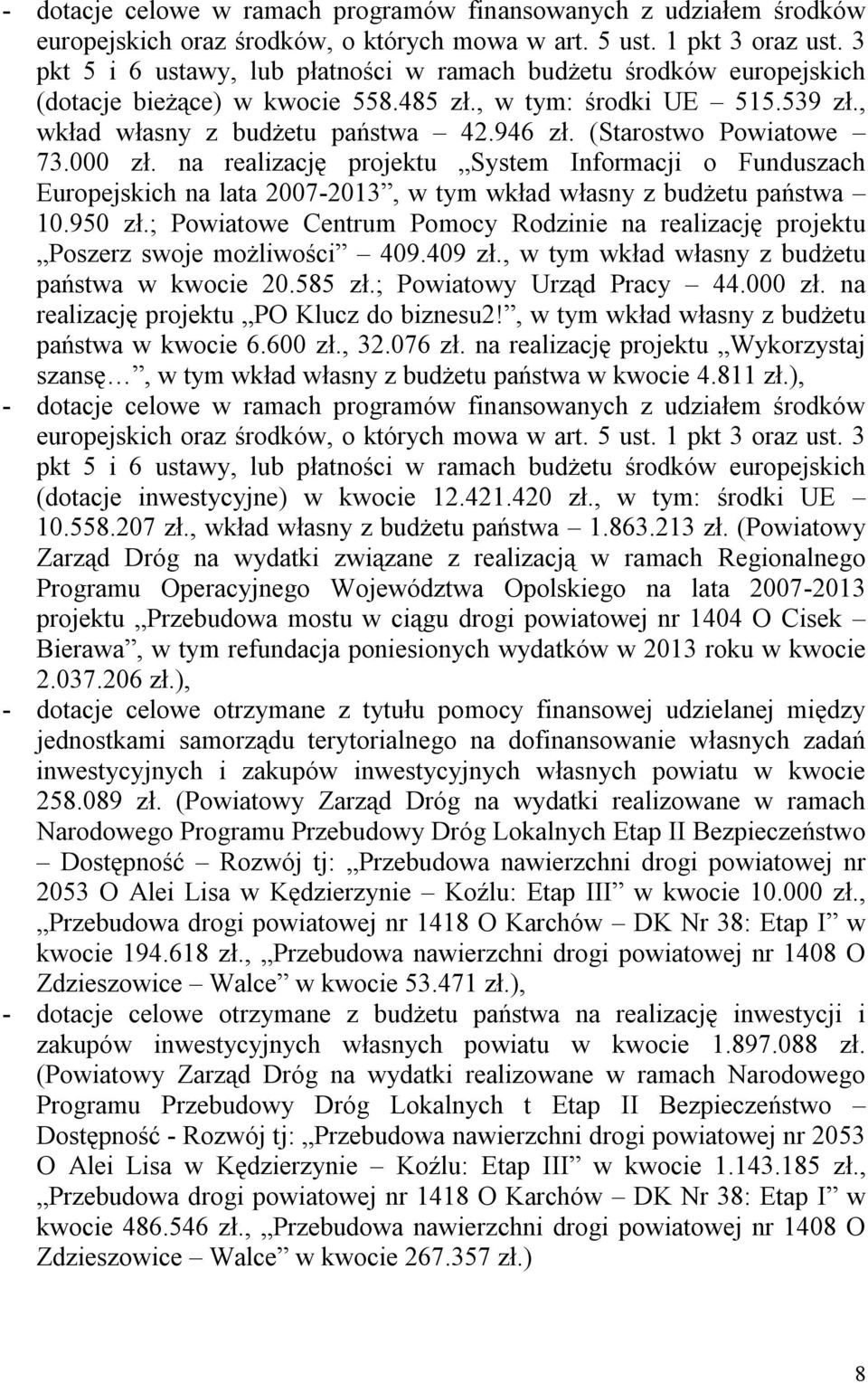 (Starostwo Powiatowe 73.000 zł. na realizację projektu System Informacji o Funduszach Europejskich na lata 2007-2013, w tym wkład własny z budżetu państwa 10.950 zł.