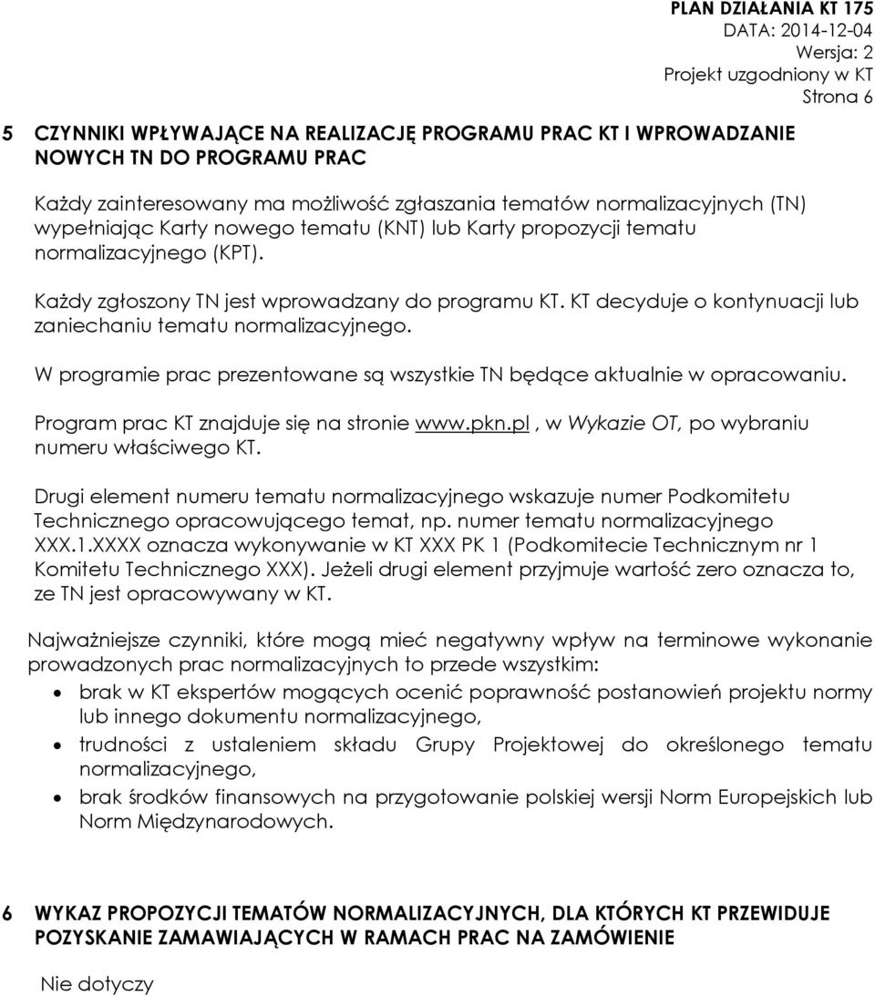 W programie prac prezentowane są wszystkie TN będące aktualnie w opracowaniu. Program prac KT znajduje się na stronie www.pkn.pl, w Wykazie OT, po wybraniu numeru właściwego KT.