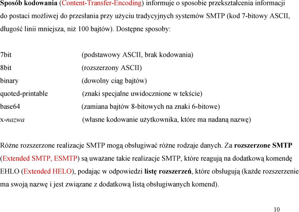 Dostępne sposoby: 7bit (podstawowy ASCII, brak kodowania) 8bit (rozszerzony ASCII) binary (dowolny ciąg bajtów) quoted-printable (znaki specjalne uwidocznione w tekście) base64 (zamiana bajtów