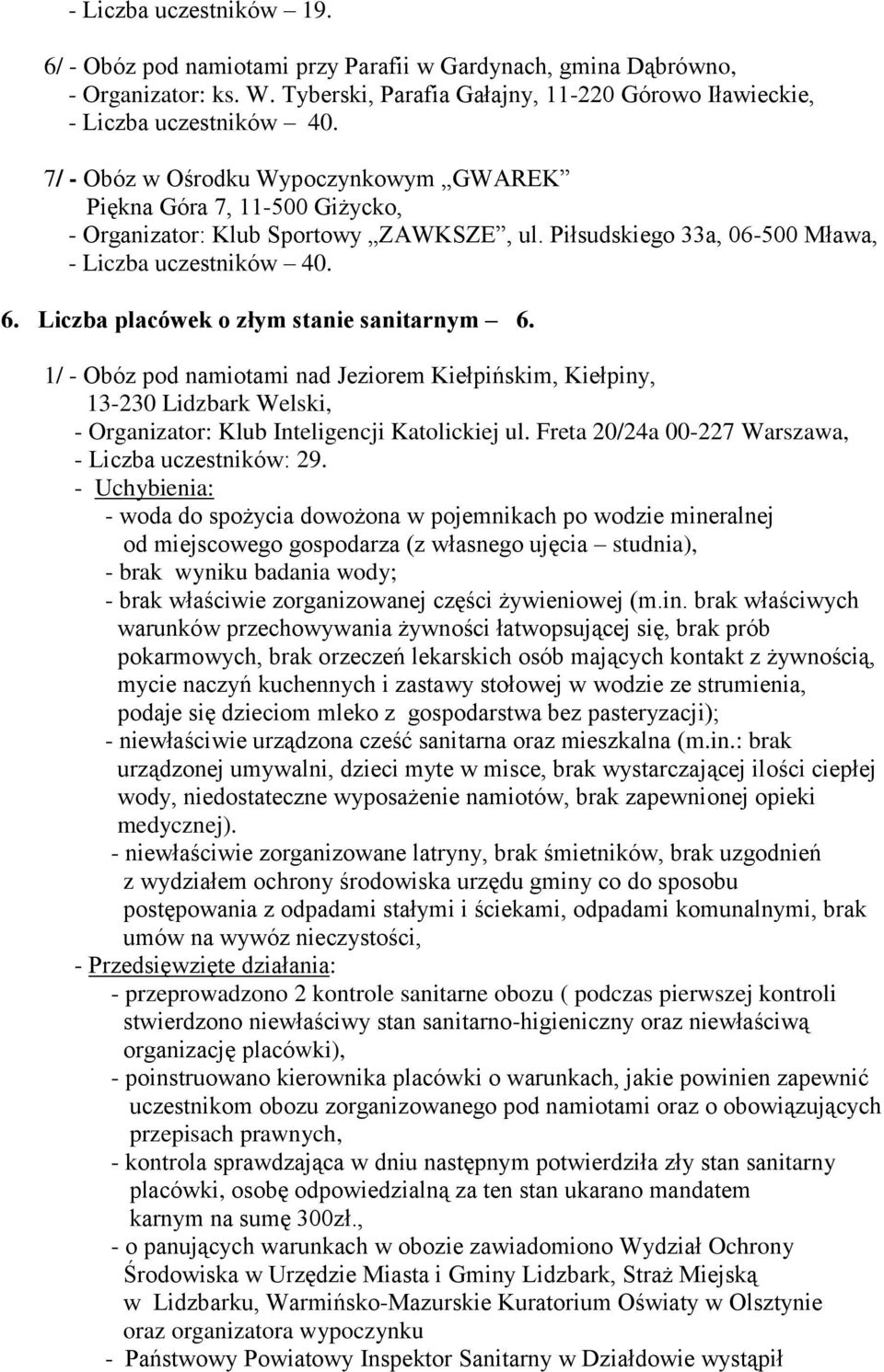Liczba placówek o złym stanie sanitarnym 6. 1/ - Obóz pod namiotami nad Jeziorem Kiełpińskim, Kiełpiny, - Organizator: Klub Inteligencji Katolickiej ul.