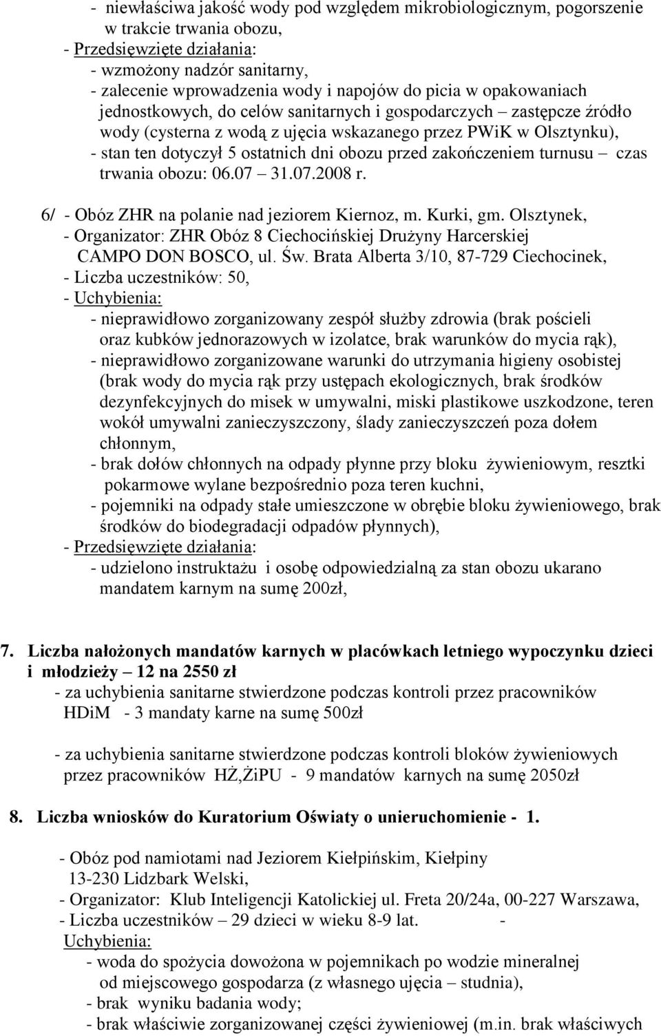 turnusu czas trwania obozu: 06.07 31.07.2008 r. 6/ - Obóz ZHR na polanie nad jeziorem Kiernoz, m. Kurki, gm.