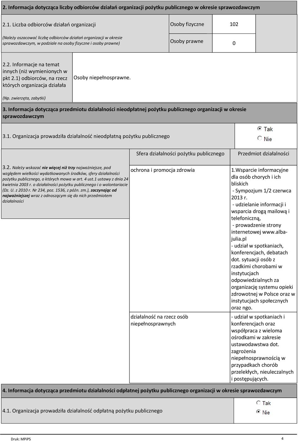 2. Informacje na temat innych (niż wymienionych w pkt 2.1) odbiorców, na rzecz których organizacja działała Osoby niepełnosprawne. (Np. zwierzęta, zabytki) 3.