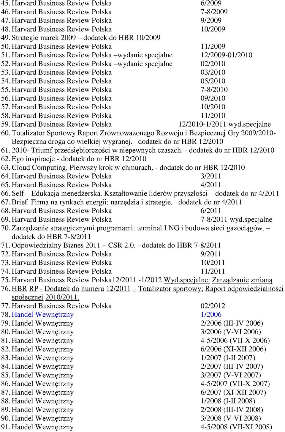 Harvard Business Review Polska wydanie specjalne 02/2010 53. Harvard Business Review Polska 03/2010 54. Harvard Business Review Polska 05/2010 55. Harvard Business Review Polska 7-8/2010 56.