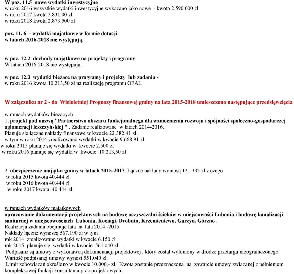 213,50 zł na realizację programu OFAL W załączniku nr 2 - do Wieloletniej Prognozy finansowej gminy na lata 2015-2018 umieszczono następujące przedsięwzięcia w ramach wydatków bieżących 1.