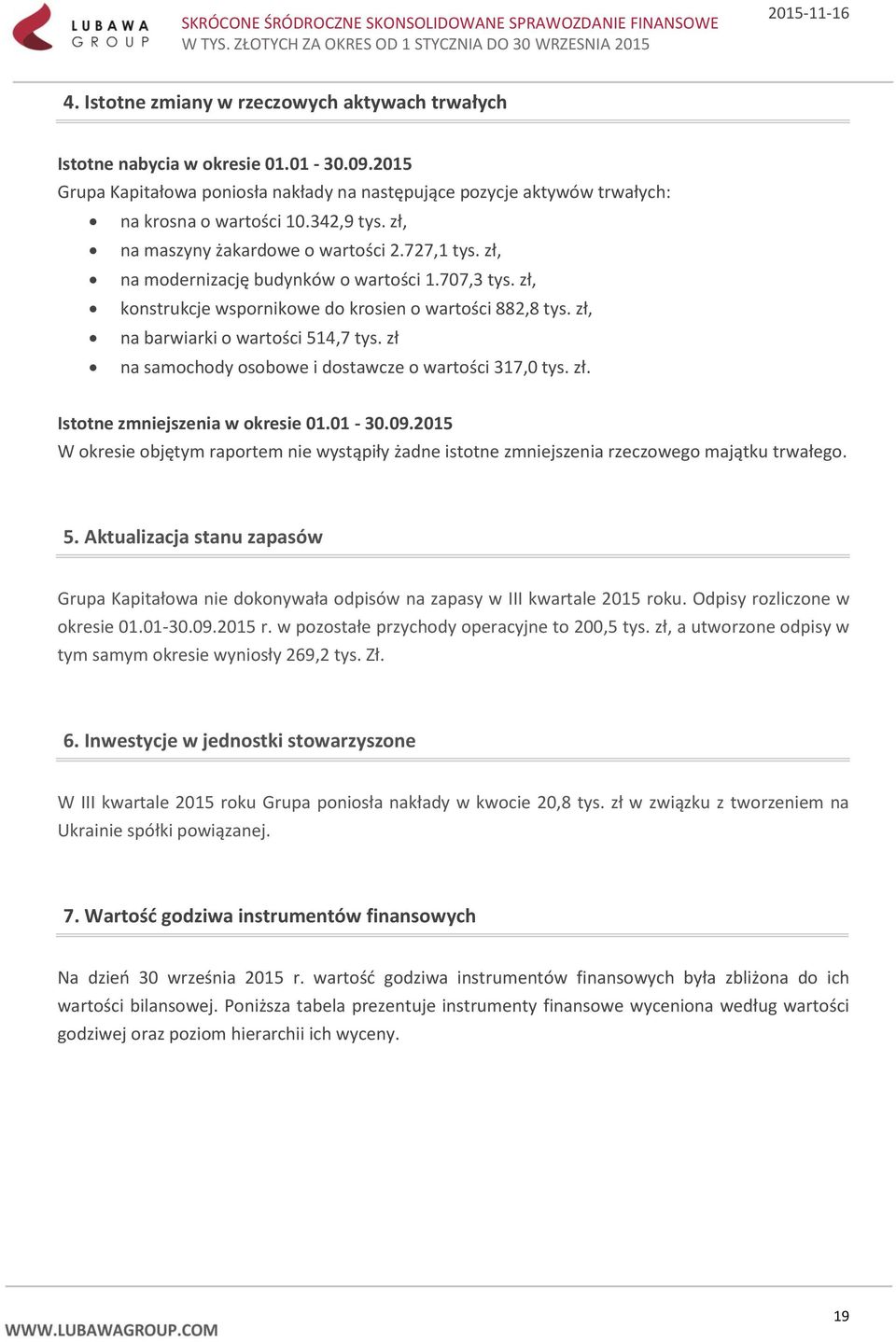 zł, na barwiarki o wartości 514,7 tys. zł na samochody osobowe i dostawcze o wartości 317,0 tys. zł. Istotne zmniejszenia w okresie 01.01-30.09.