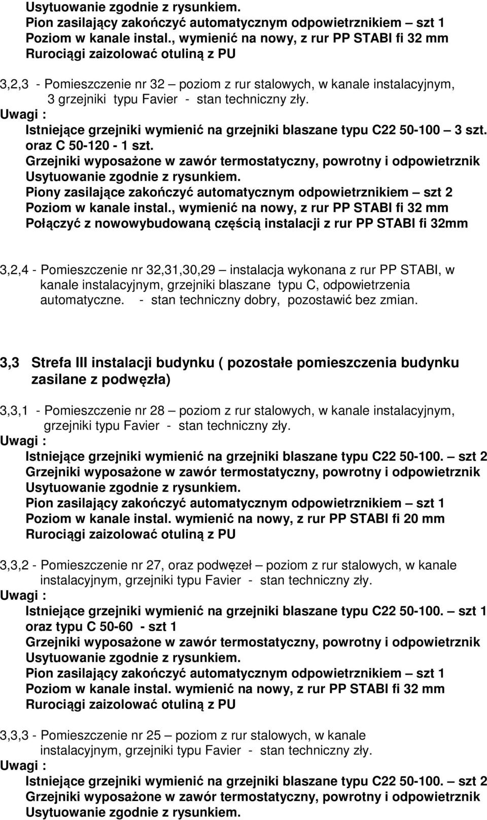, wymienić na nowy, z rur PP STABI fi 32 mm Połączyć z nowowybudowaną częścią instalacji z rur PP STABI fi 32mm 3,2,4 - Pomieszczenie nr 32,31,30,29 instalacja wykonana z rur PP STABI, w kanale