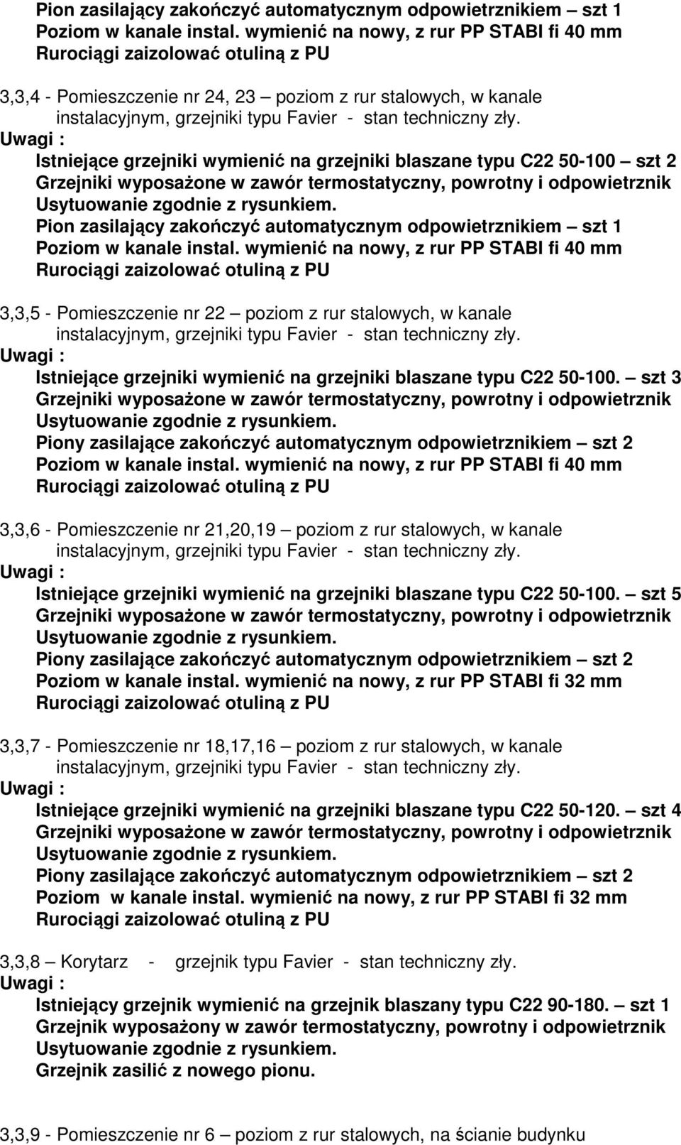 wymienić na nowy, z rur PP STABI fi 40 mm 3,3,5 - Pomieszczenie nr 22 poziom z rur stalowych, w kanale instalacyjnym Istniejące grzejniki wymienić na grzejniki blaszane typu C22 50-100.