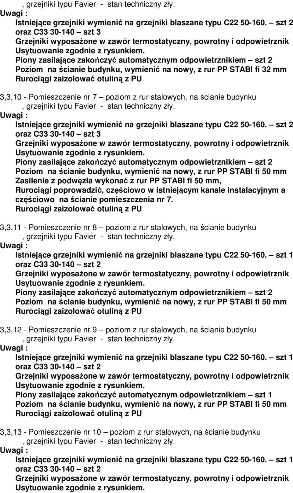 Poziom na ścianie budynku, wymienić na nowy, z rur PP STABI fi 50 mm Zasilenie z podwęzła wykonać z rur PP STABI fi 50 mm, Rurociągi poprowadzić, częściowo w istniejącym kanale instalacyjnym a