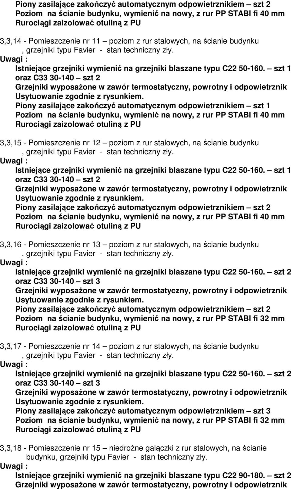 PP STABI fi 40 mm 3,3,16 - Pomieszczenie nr 13 poziom z rur stalowych, na ścianie budynku Istniejące grzejniki wymienić na grzejniki blaszane typu C22 50-160.