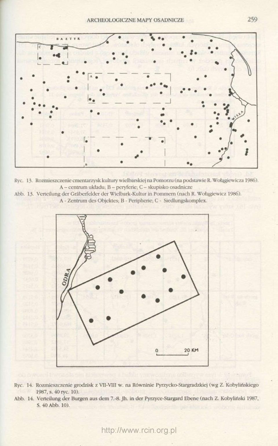 Wołągiewicz 1986). A - Zentrum des Objektes; B - Peripherie; C - Siedlungskomplex. Ryc. 14. Rozmieszczenie grodzisk z VII-VIII w.