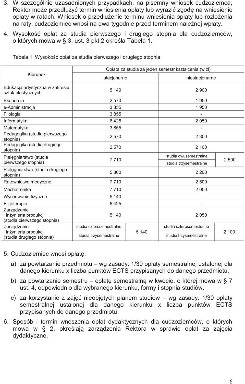 Wysokość opłat za studia pierwszego i drugiego stopnia dla cudzoziemców, o których mowa w 3, ust. 3 pkt 2 określa Tabela 1.