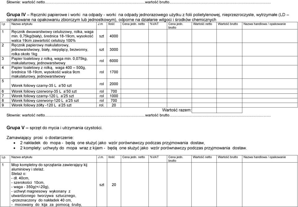 .. Grupa IV Ręczniki papierowe i worki na odpady - worki na odpady jednorazowego użytku z folii polietylenowej, nieprzezroczyste, wytrzymałe (LD oznakowane na opakowaniu zbiorczym lub jednostkowym),