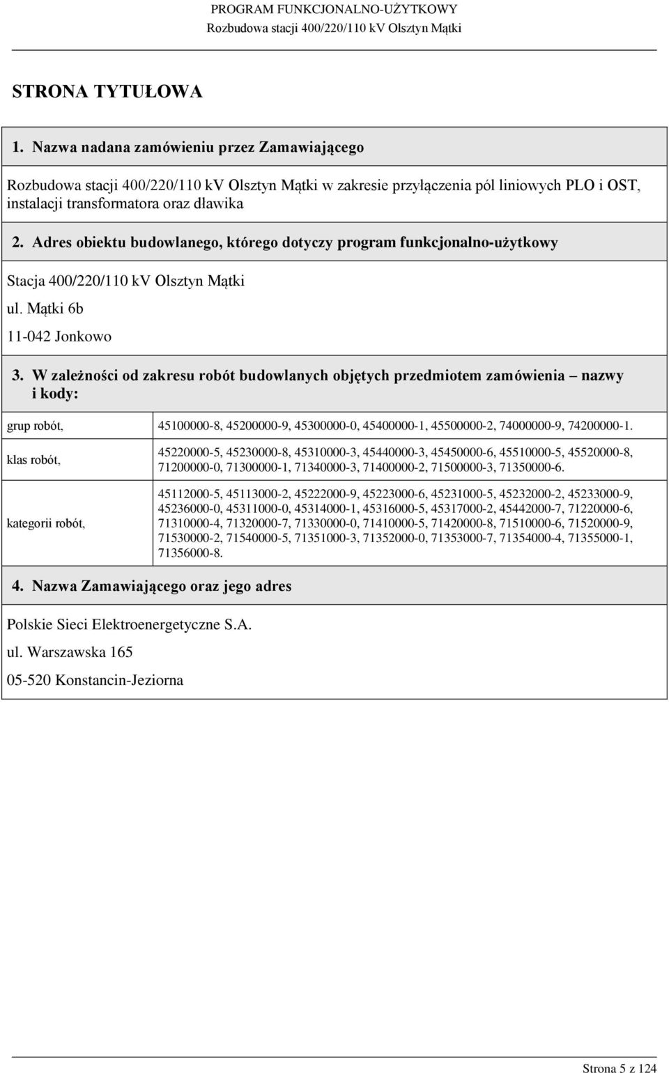 W zależności od zakresu robót budowlanych objętych przedmiotem zamówienia nazwy i kody: grup robót, 45100000-8, 45200000-9, 45300000-0, 45400000-1, 45500000-2, 74000000-9, 74200000-1.