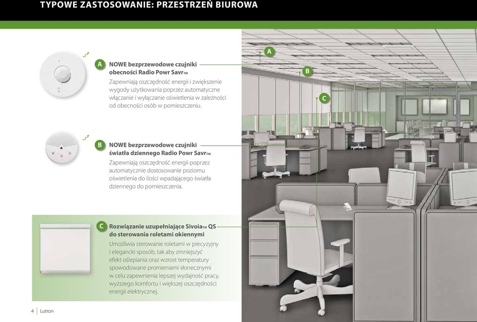 B C B NOWE bezprzewodowe czujniki światła dziennego Radio Powr SavrTM Zapewniają oszczędność energii poprzez automatycznie dostosowanie poziomu oświetlenia do ilości wpadającego światła dziennego do