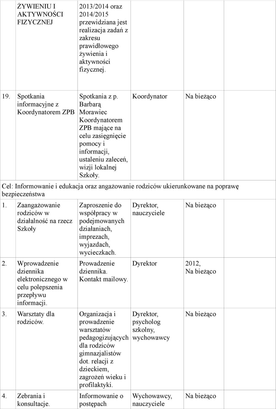 Barbarą Morawiec Koordynatorem ZPB mające na celu zasięgnięcie pomocy i informacji, ustaleniu zaleceń, wizji lokalnej Koordynator Cel: Informowanie i edukacja oraz angażowanie rodziców ukierunkowane