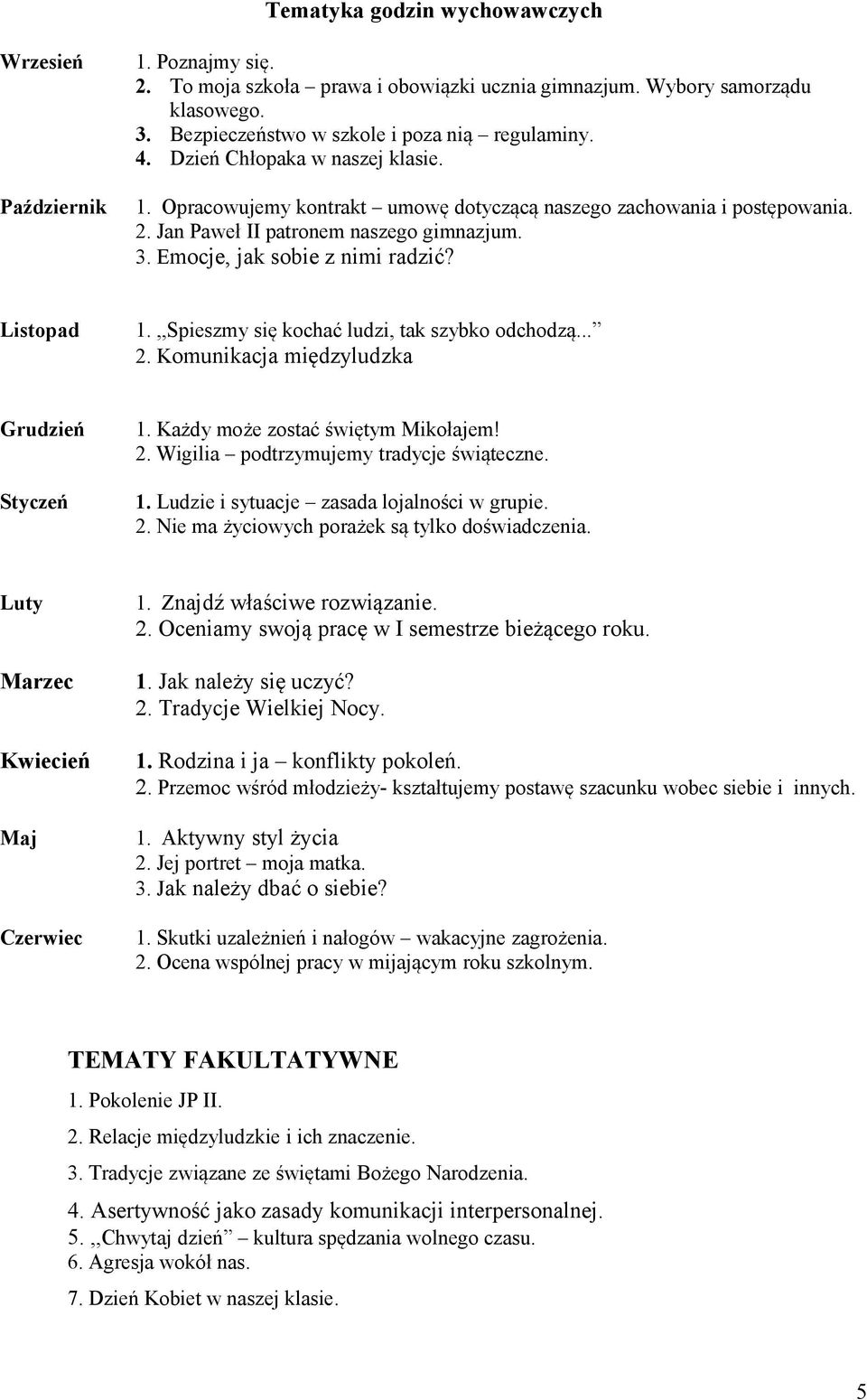 Listopad 1.,,Spieszmy się kochać ludzi, tak szybko odchodzą... 2. Komunikacja międzyludzka Grudzień Styczeń 1. Każdy może zostać świętym Mikołajem! 2. Wigilia podtrzymujemy tradycje świąteczne. 1. Ludzie i sytuacje zasada lojalności w grupie.