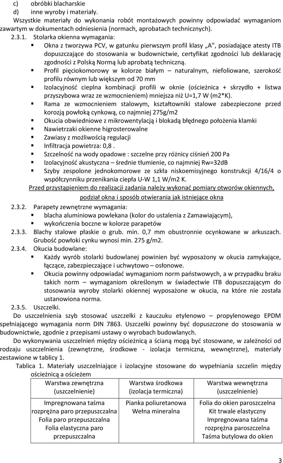 Stolarka okienna wymagania: Okna z tworzywa PCV, w gatunku pierwszym profil klasy A, posiadające atesty ITB dopuszczające do stosowania w budownictwie, certyfikat zgodności lub deklarację zgodności z