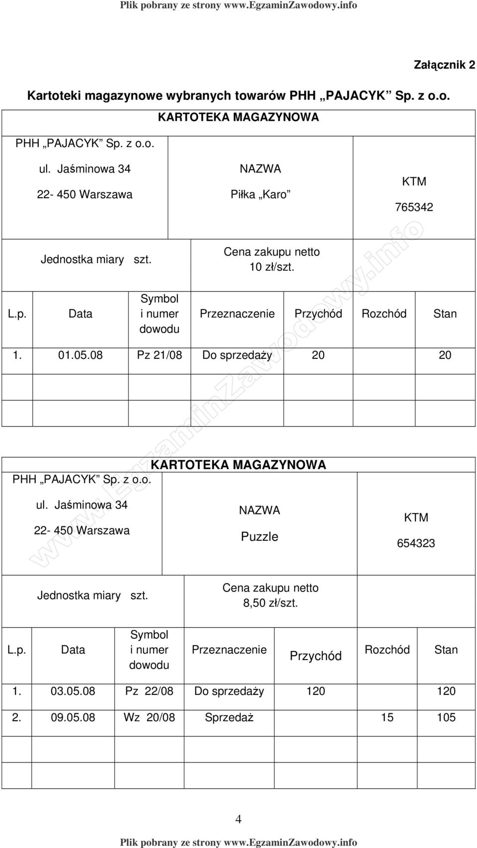 08 Pz 21/08 Do sprzedaży 20 20 KARTOTEKA MAGAZYNOWA NAZWA Puzzle KTM 654323 Jednostka miary szt.