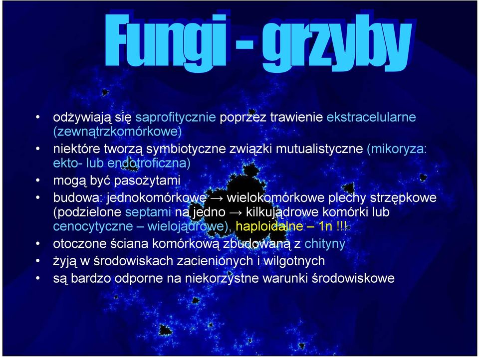 strzępkowe (podzielone septami na jedno kilkujądrowe komórki lub cenocytyczne wielojądrowe), haploidalne 1n!