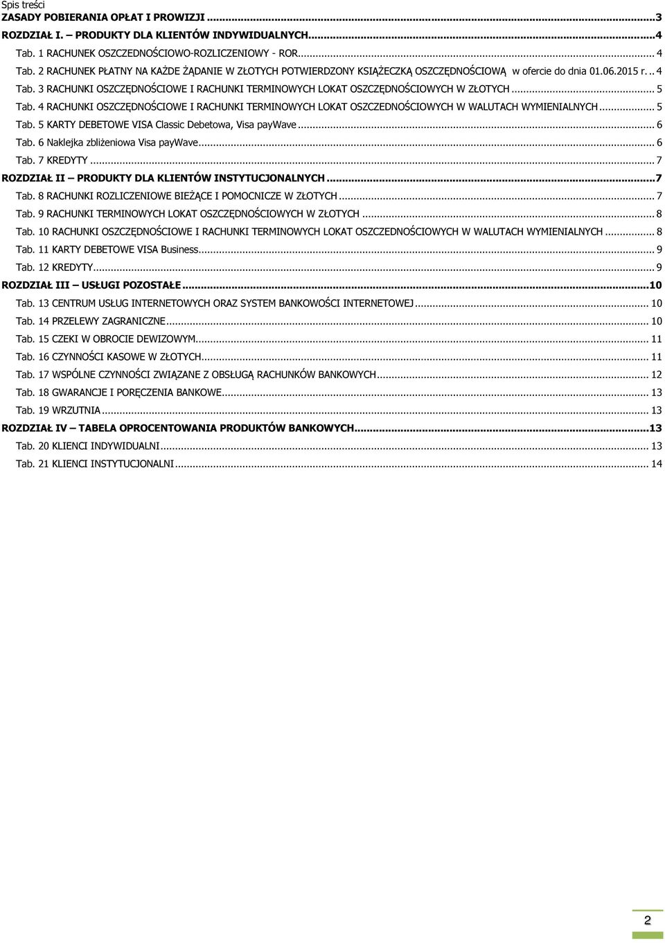 .. 5 Tab. 4 RACHUNKI OSZCZĘDNOŚCIOWE I RACHUNKI TERMINOWYCH LOKAT OSZCZEDNOŚCIOWYCH W WALUTACH WYMIENIALNYCH... 5 Tab. 5 KARTY DEBETOWE VISA Classic Debetowa, Visa paywave... 6 Tab.