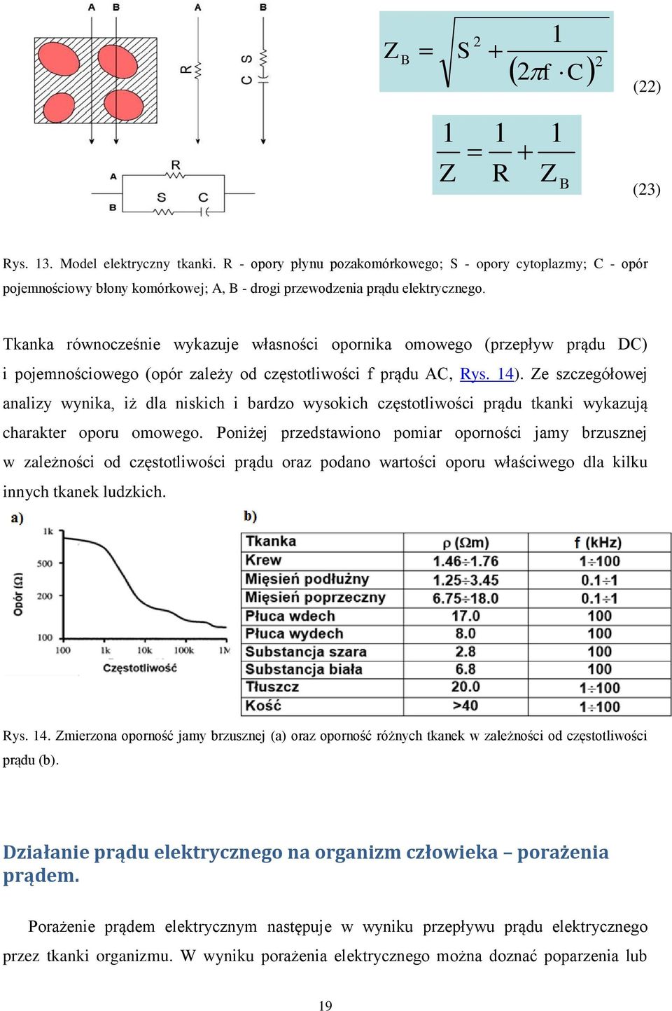 Tkanka równocześnie wykazuje własności opornika omowego (przepływ prądu DC) i pojemnościowego (opór zależy od częstotliwości f prądu AC, Rys. 14).