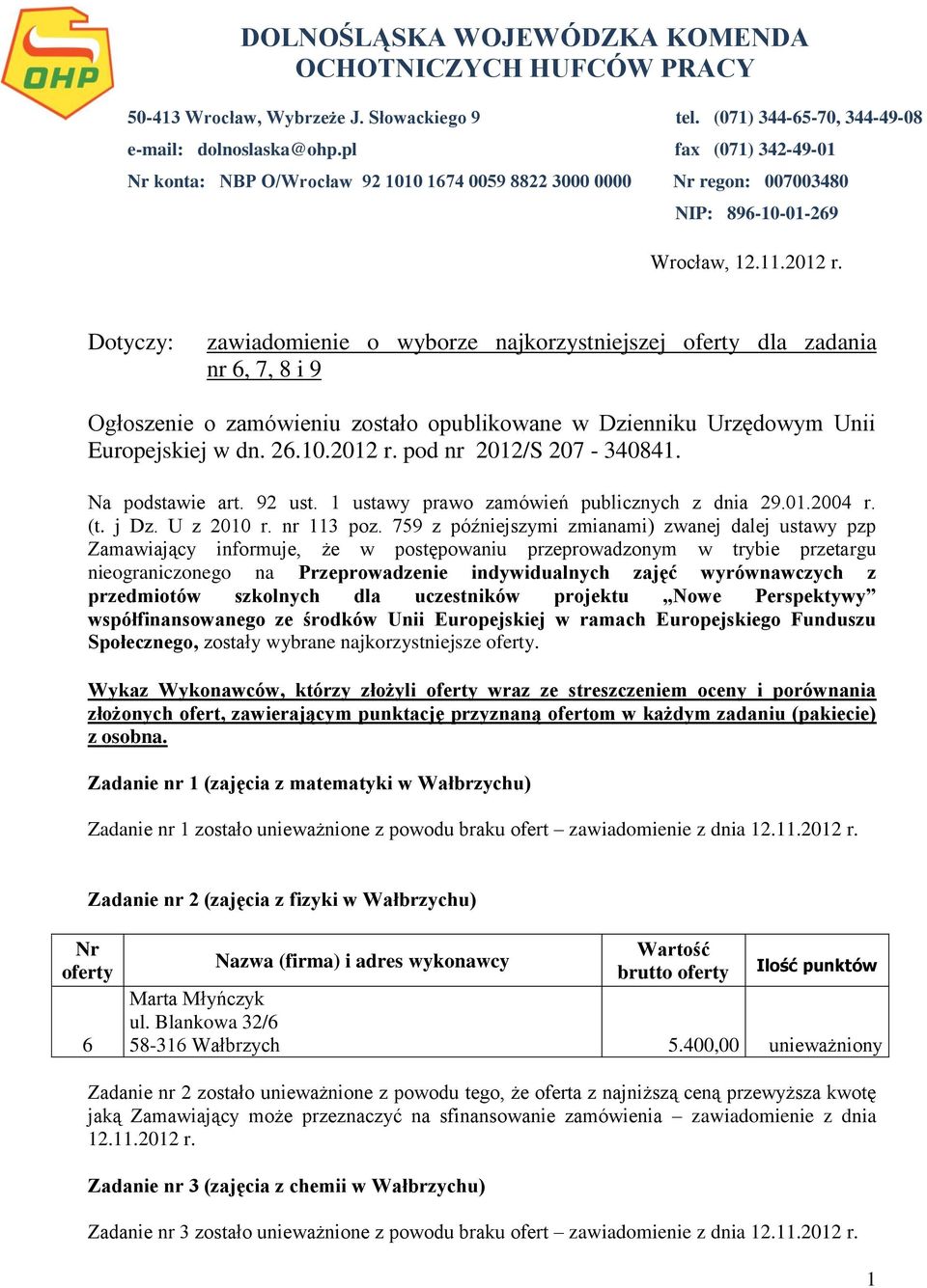 Dotyczy: zawiadomienie o wyborze najkorzystniejszej dla zadania nr 6, 7, 8 i 9 Ogłoszenie o zamówieniu zostało opublikowane w Dzienniku Urzędowym Unii Europejskiej w dn. 26.10.2012 r.