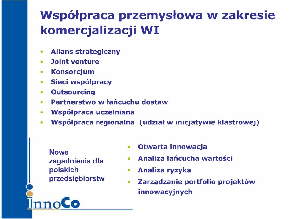 Współpraca regionalna (udział w inicjatywie klastrowej) Nowe zagadnienia dla polskich
