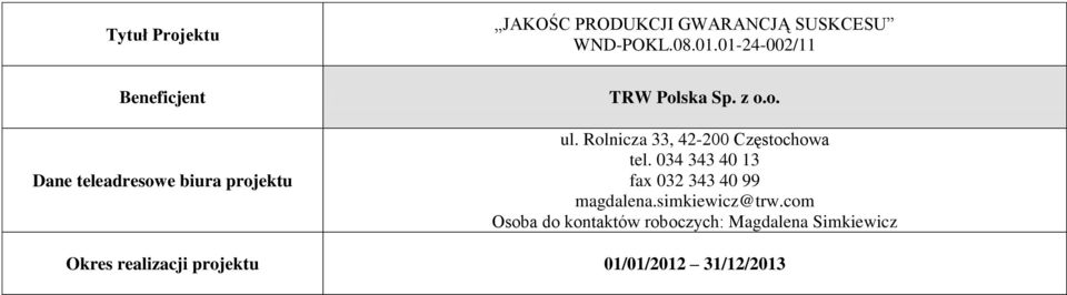 Rolnicza 33, 42-200 Częstochowa tel. 034 343 40 13 fax 032 343 40 99 magdalena.