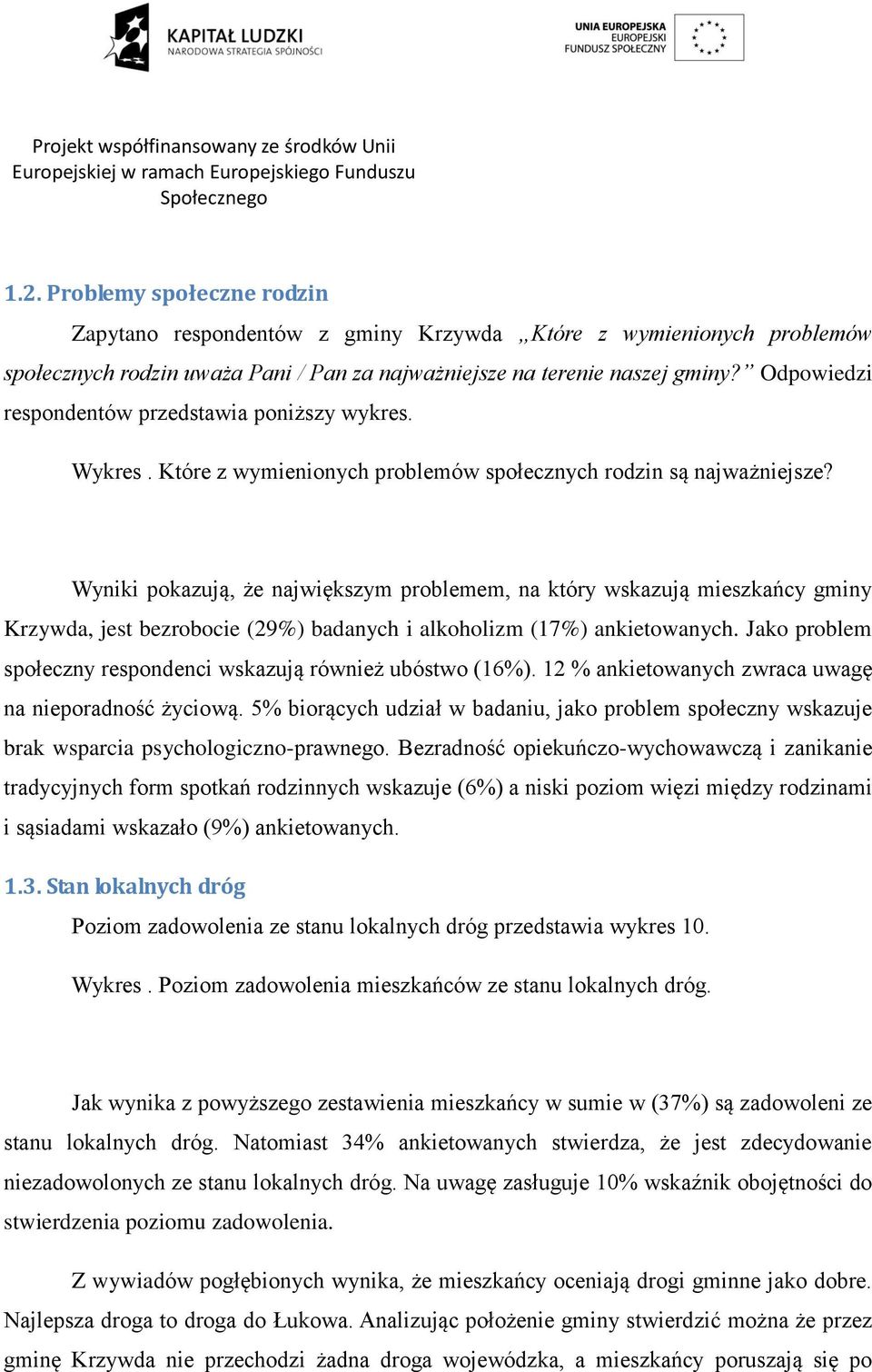 Wyniki pokazują, że największym problemem, na który wskazują mieszkańcy gminy Krzywda, jest bezrobocie (29%) badanych i alkoholizm (17%) ankietowanych.